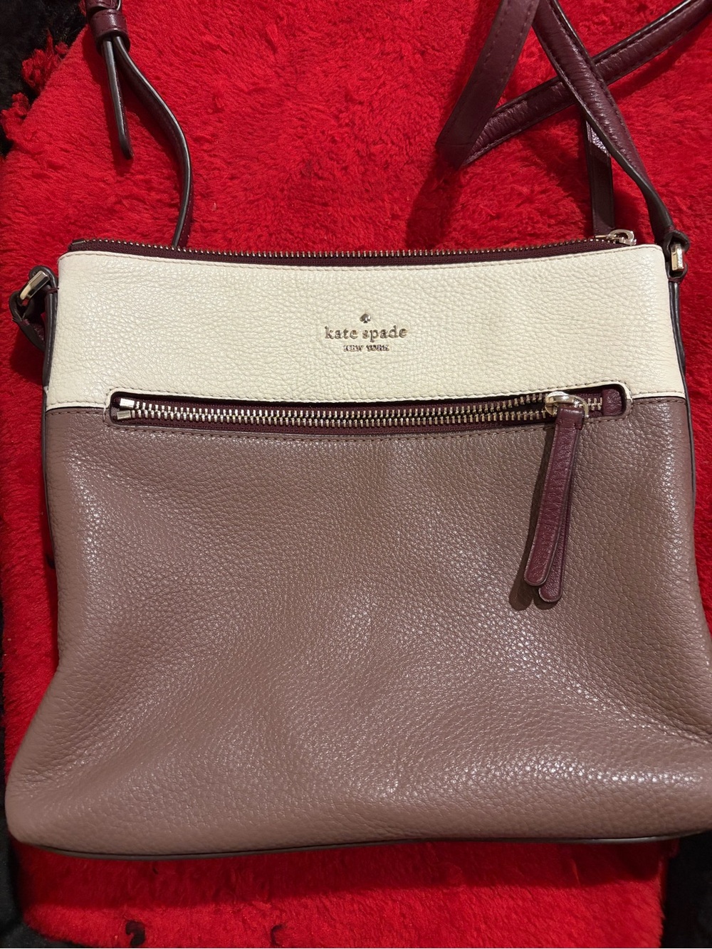 kate spade Cream and Taupe Pebbled Leather Crossbody